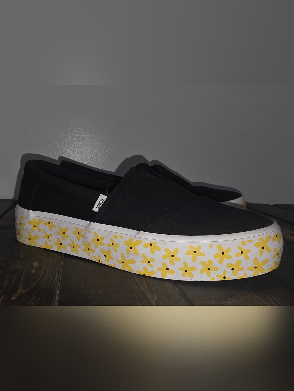 TOMS Black Slip-On Shoes with Yellow Floral Platform